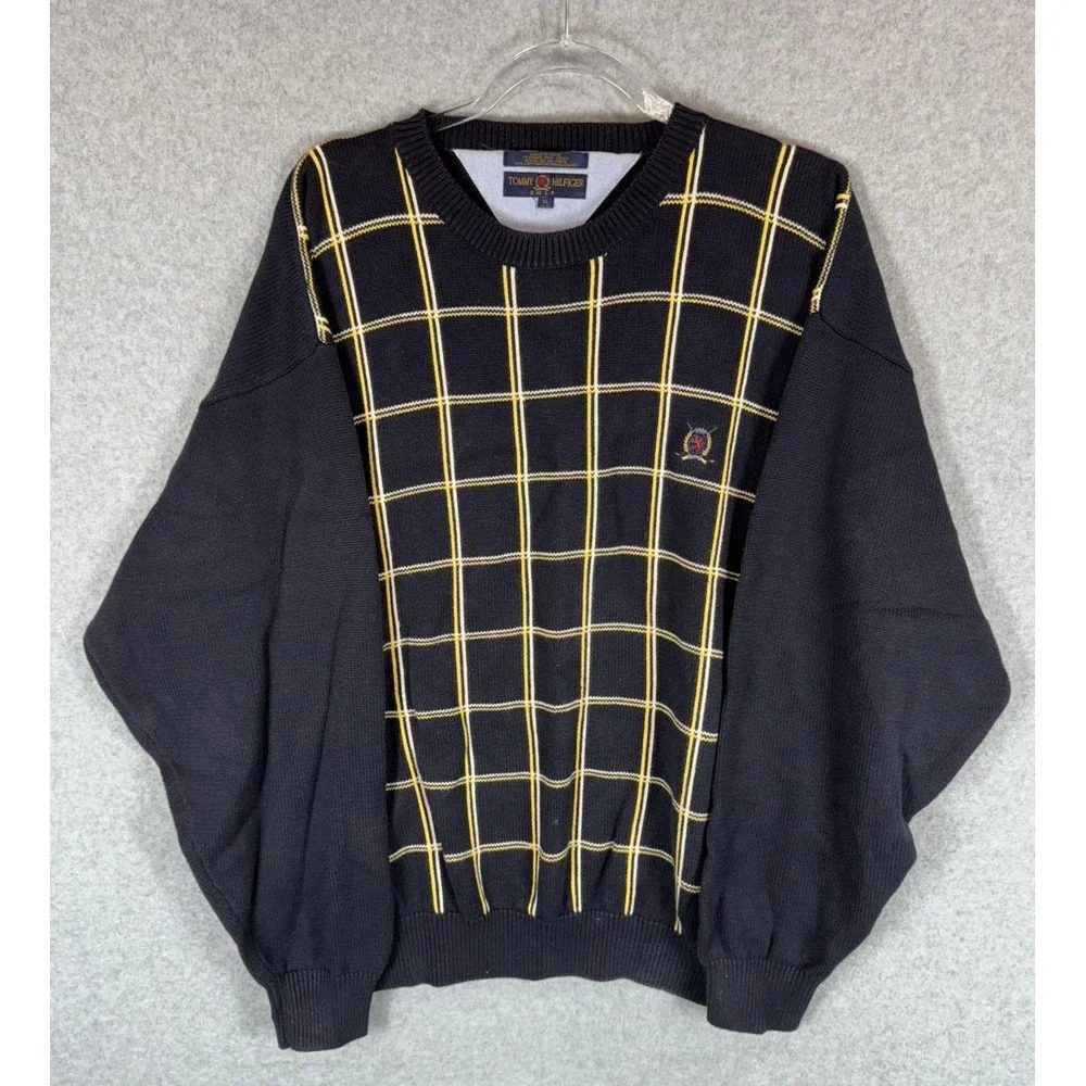 Tommy Hilfiger Sweater Mens XL Black Yellow Plaid Golf Crewneck Pullover Classic
